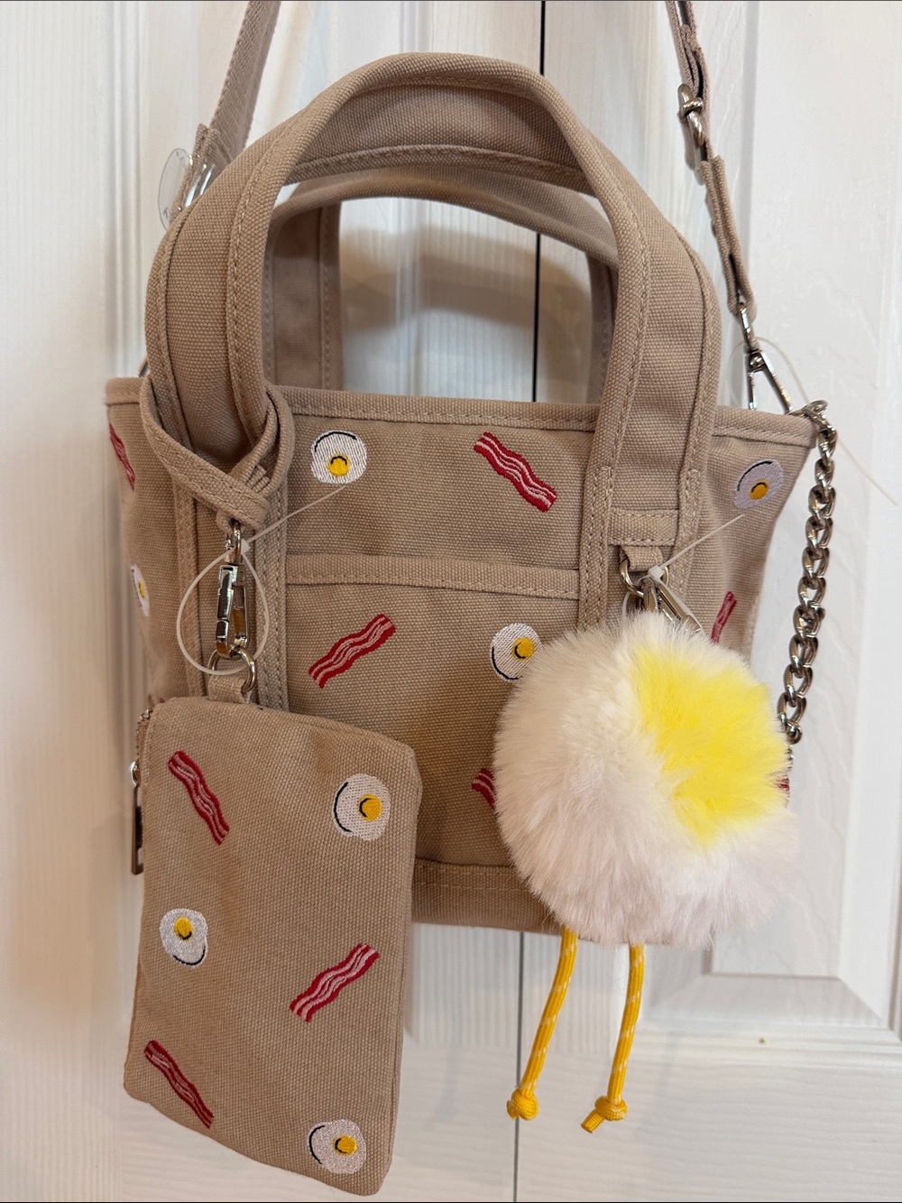 Madden Girl eggs and bacon mini tote bag with accessories